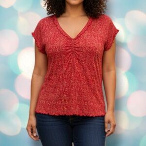 Calvin Klein Women’s Red Stretchy V-Neck Ruched Blouse Shirt Top Size XL